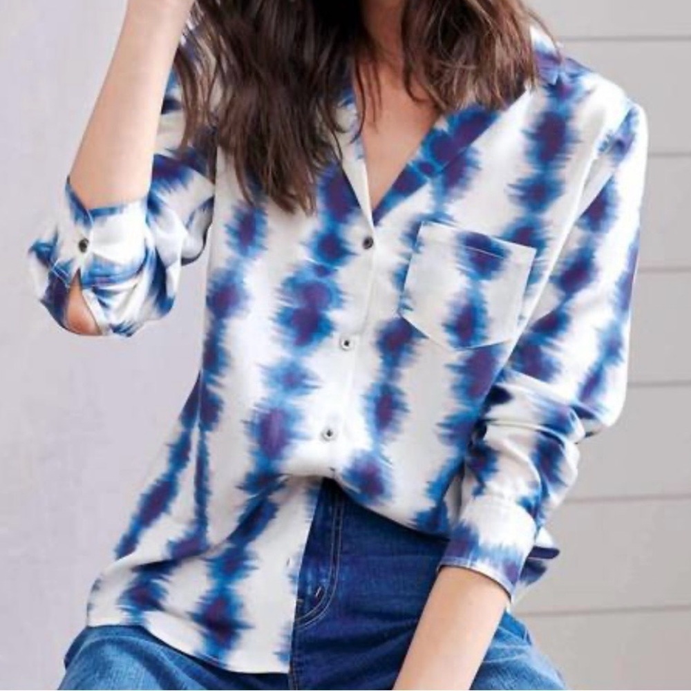 Hatley Ariane Navy White Linear Waves Button Down Long Sleeve Pocket Med Blouse